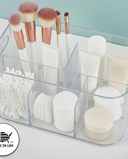 STORi Bliss 5-Compartment Plastic Cosmetics Storage Organizer | Clear | Rectangular Divided Makeup Bin & Vanity Caddy with Pass-Through Handles | Round Corner Design | Made in USA