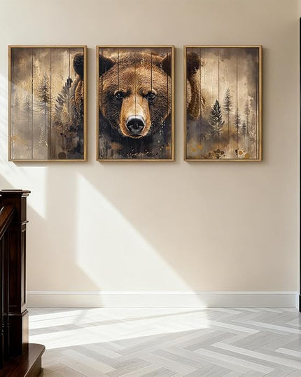 ANHUIB Brown Bear Wall Art 16x24 Inch Forest Paintings Rustic Wildlife Wall Decor Set of 3 for Living Room Bedroom Dining Room
