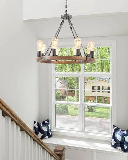 Farmhouse Wooden Wagon Wheel Chandelier 8 Lights 23.8'' Vintage Wood Round Chandelier Rustic Black Pendant Light Fixtures for Living Dining Room Kitchen Entryway Foyer