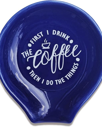 Funny Coffee Quote First I Drink The Coffee Then I Do The Things Ceramic Spoon Holder-Navy Blue Coffee Spoon Rest -Cafe Station Bar Accessories