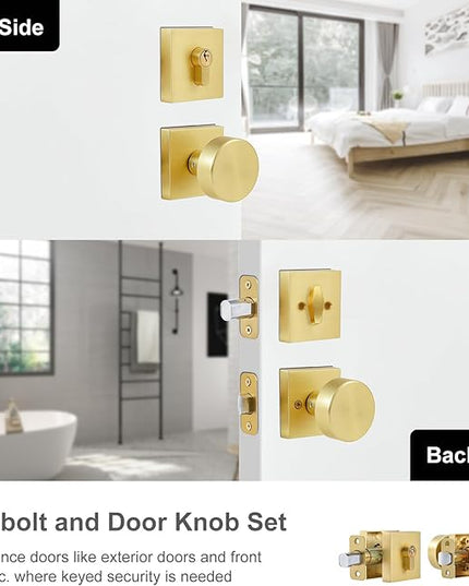 Gold Round Exterior Door Knob with Single Cylinder Deadbolt Lock Set, Fits Standard US Size Doors, Easy To Install, Deadbolt Lock for Left or Right Handed Use