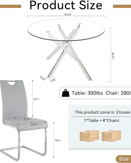 5 Piece Round Dining Table Set for 4, Modern Glass Kitchen Dining Room Table Set for 4, 47" Circle Silver Glass Metal Dining Table with 4 Grey PU Leather Dining Chairs for Kitchen Dining Room