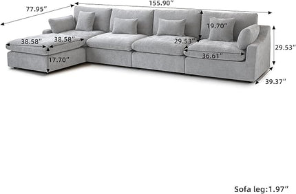 WJShome Cloud Couch Modular Sectional Sofa,156" L Shaped Couch, Oversized Down Filled Convertible Wide Seater,4 Seater with Ottoman for Living Room Set, Covers Washable&Replaceable,Grey