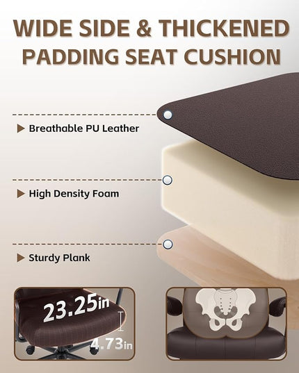 Big and Tall Office Chair 500LBS, Executive Office Chair for Heavy People, Heavy Duty Desk Chair Comfy, Computer Chair High Back PU Leather, Extra Wide Rocking Chair with Wheels for Home Office, Brown