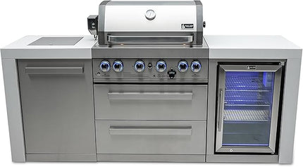 Mont Alpi MAi400-DFC 32-Inch 4-Burner 78000 BTU Deluxe Stainless Steel Gas Outdoor Kitchen Bar Barbecue Island Grill w/Infrared Side Burner + Wine Cooler Compact Refrigerator + Rotisserie Kit