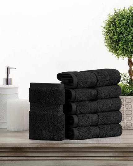 Superior Egyptian Cotton Pile Face Towel/Washcloth Set of 6, Ultra Soft Luxury Towels, Thick Plush Essentials, Absorbent Heavyweight, Guest Bath, Hotel, Spa, Home Bathroom, Shower Basics, Black