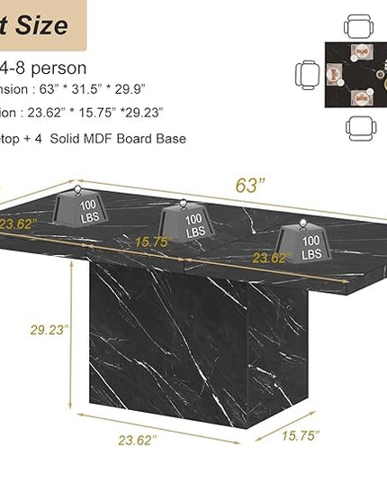 HSH Black Faux Marble Dining Table, 63 inch Modern Dinner Table for 6 Person, Farmhouse Rectanglur Kitchen Table for Living Room, Long Wood Dining Room Tables with strong Pedestal, Black Marble, 63 In