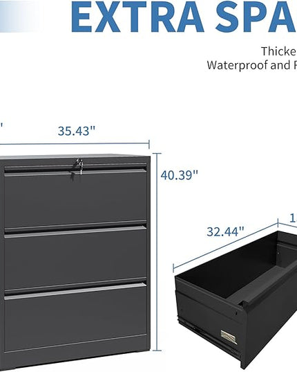 File Cabinets 3 Drawer,Metal Office Storage Filing Cabinet with Lock,Black Lateral Filing Cabinet for Home Office,Horizontal Locking File Cabinets for Legal/Letter/A4,Assembly Require,Black
