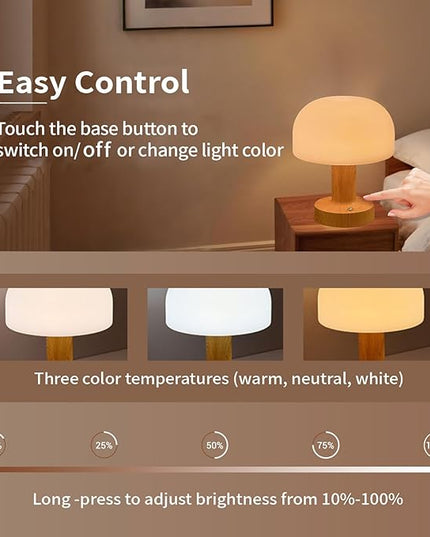 Mushroom Operated Table Lamp 3000mAh Cordless Rechargeable, Touch Dimmable Desk Lamp, LED Night Light for Patio Camping Restaurant Home, H7.3in, Wood Grain