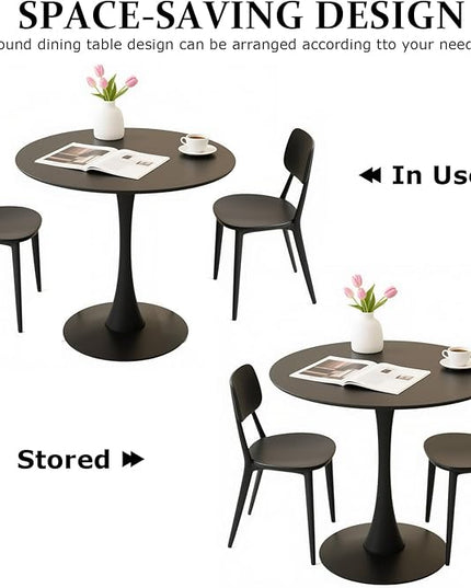 Round Table,31.5" Modern Black veneered Dining Table for 2-4 People with MDF Top&Metal Pedestal Base,Coffee Table Thickened Tabletop for Dining Room/Kitchen/Living Room,Black