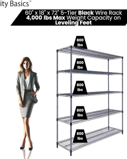 NSF Commercial 5-Tier Wire Shelving with Wheels, 60"x18"x72" Heavy Duty Metal Shelves 4000 lbs Max Capacity, Black Storage Rack for Garage Kitchen Pantry Warehouse
