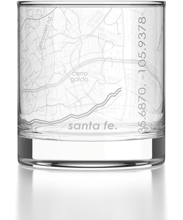 Well Told Engraved Santa Fe New Mexico Map Rocks Glass, Old Fashioned Glassware (11 oz, Clear) Etched Bourbon Tumbler, Gifts For Whiskey Lovers