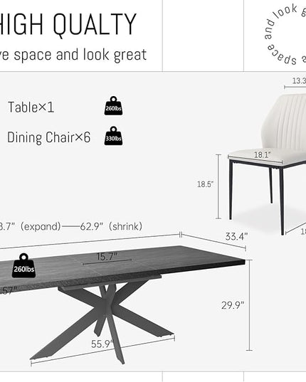 ZckyCine 6-8 People Modern Rectangular Kitchen Dining Table Extendable Dining Table Set for 6, 63–79 inch, Space-Saving Gray Table with 6 White PU Leather Cushioned Chairs, Metal Frame, Easy Assembly