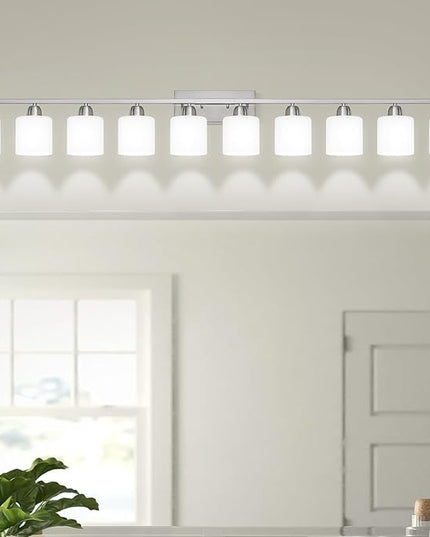 Brushed Nickel Bathroom Vanity Light for Giant Mirror, 10 Light Brushed Nickel Vanity Lights, 65 inch Wall Lamps for Bedroom for Mirrors with Milky White Frosted Glass Shades, E26