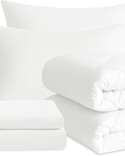 NTBAY Twin Comforter Set with Sheets, 5 Pieces Soft and Breathable Twin Bedding Set, Twin Bed in a Bag, Down Alternative Comforter Set Solid Color All Season, Kids Bedding Set, White
