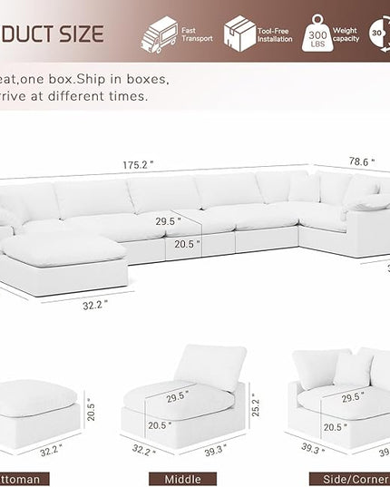 Cloud Modular Sectional Sofa,Oversize Down Filled Sofa 6 Seat with Chaise,Minimalist Sofa Cover Washable and Replaceable Couches for Living Room,Sectional Sofa Deep Seat