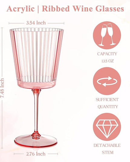 48 PCS Pink Plastic Wine Glasses with Removable Stems 13.5 Oz Pink Ribbed Wine Glasses Square White Wine Glass Muted Pastel Colors Goblets Elegant Fluted Glassware for Wedding Anniversary Birthday