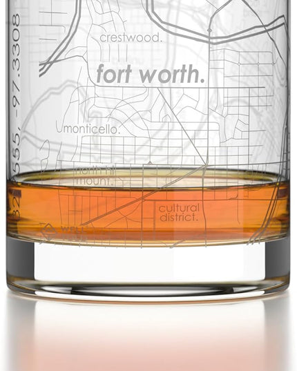 Well Told Engraved Fort Worth Texas Map Rocks Glass, Old Fashioned Glassware (11 oz, Clear) Etched Bourbon Tumbler, Gifts For Whiskey Lovers