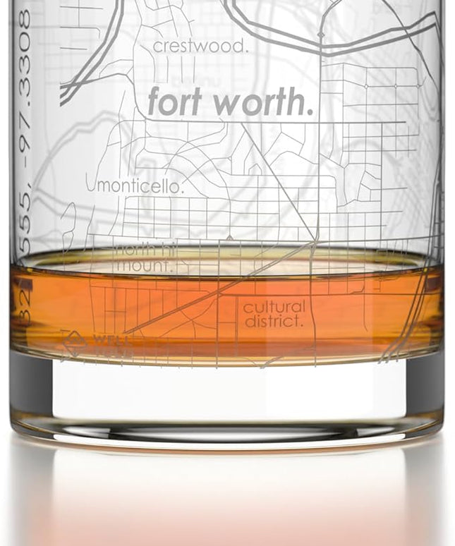 Well Told Engraved Fort Worth Texas Map Rocks Glass, Old Fashioned Glassware (11 oz, Clear) Etched Bourbon Tumbler, Gifts For Whiskey Lovers