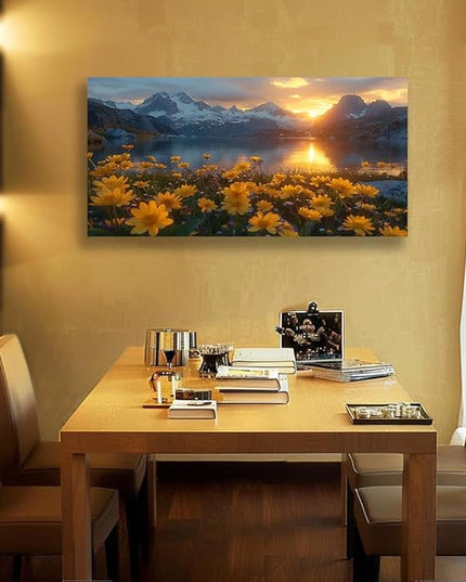 LKY ART Mountain Lake Sunset Wall Art Snow-Capped Peaks with Yellow Wildflowers Picture Wall Decor for Living Room Nature Landscape Canvas Prints Poster Artwork Home Decoration