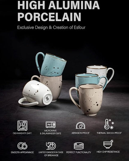 Esfour Ceramic Coffee Mugs Set Of 6, 14 Oz Large Handle Heavy Duty Cups - Microwave Dishwasher Safe - Latte, Cappuccino, Tea, Cocoa, Mocha - Men, Women, Home Office Daily Use, Natural Assorted Colors