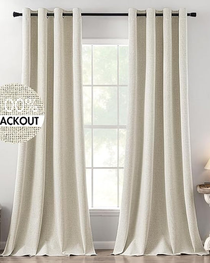 MIULEE 100% Blackout Linen Textured Curtains for Bedroom Solid Thermal Insulated Cream Grommet Room Darkening Curtains & Drapes Luxury Decor for Living Room Nursery 52 x 120 Inch (2 Panels)