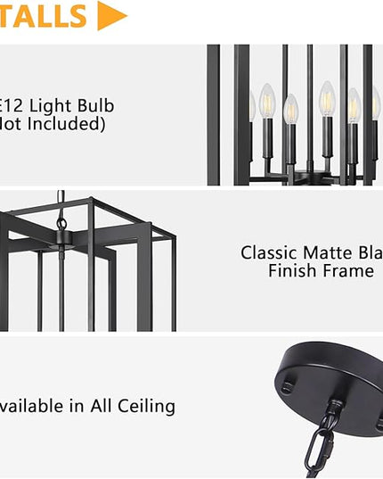 6-Light Modern Farmhouse Black Foyer Chandelier, 20.6'' Rustic Metal Chandeliers for Dining Room, Adjustable Industrial Vintage Lantern Hanging Light Fixture for Entryway, Kitchen, Hallway