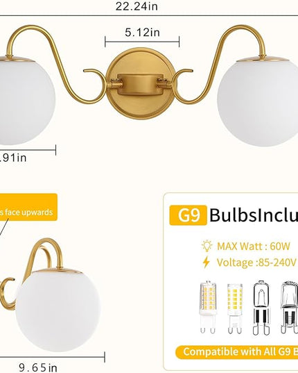 2 Lights Bathroom Vanity Light Fixtures Over Mirror, Brushed Gold Vintage Vanity Lights For Bathroom With Milk White Glass Globe Shade, Wall Lights For Bedroom, Hallway, Dressing Table,Includ G9 Bulbs