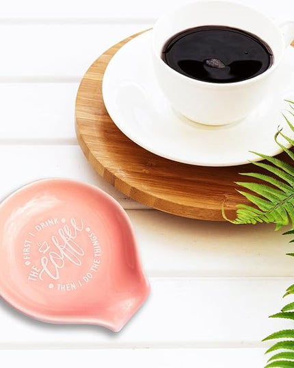 Funny Coffee Quote First I Drink The Coffee Then I Do The Things Ceramic Spoon Holder- Orange Pink Coffee Spoon Rest -Cafe Station Bar Accessories