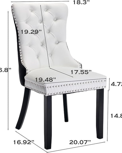 SoarFlash Leather Dining Chairs Set of 2, Tall Back Side Chair, Modern Upholstered Side Chair with Button Back Ring, Solid Wood Legs (Black&White)
