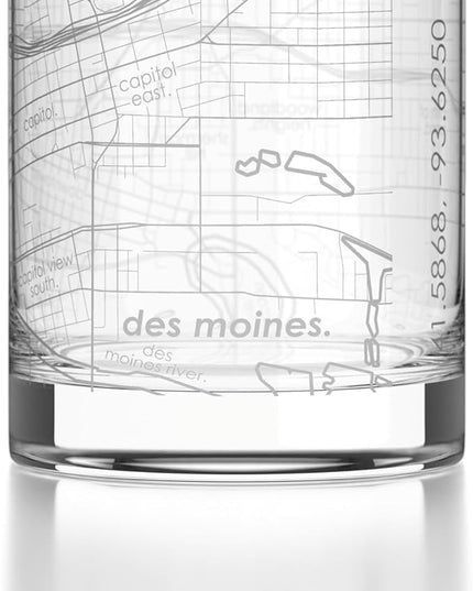 Well Told Engraved Des Moines Iowa Map Rocks Glass, Old Fashioned Glassware (11 oz, Clear) Etched Bourbon Tumbler, Gifts For Whiskey Lovers