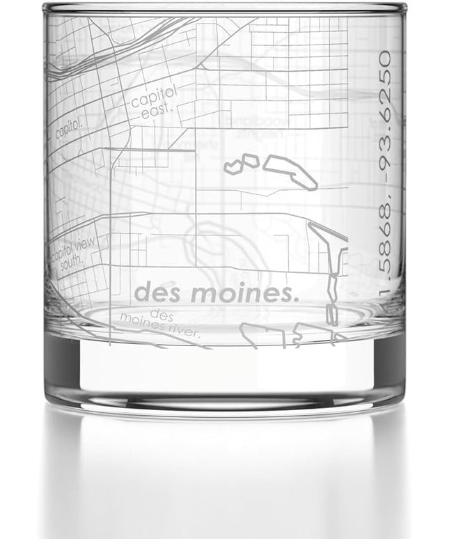 Well Told Engraved Des Moines Iowa Map Rocks Glass, Old Fashioned Glassware (11 oz, Clear) Etched Bourbon Tumbler, Gifts For Whiskey Lovers