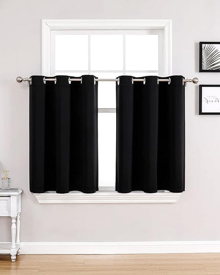 ChrisDowa Small Window Curtains for Kitchen and Bedroom - Grommet Short Thermal Insulated Room Darkening Curtains (2 Panels, Black, 36 x 24 Inch)