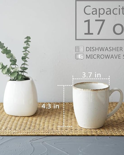 Bosmarlin Ceramic Coffee Mug Set of 4, 17 Oz, Coffee Cups with Big Handle, Microwave Safe, Unique Reactive Glaze (White, 17 Oz)
