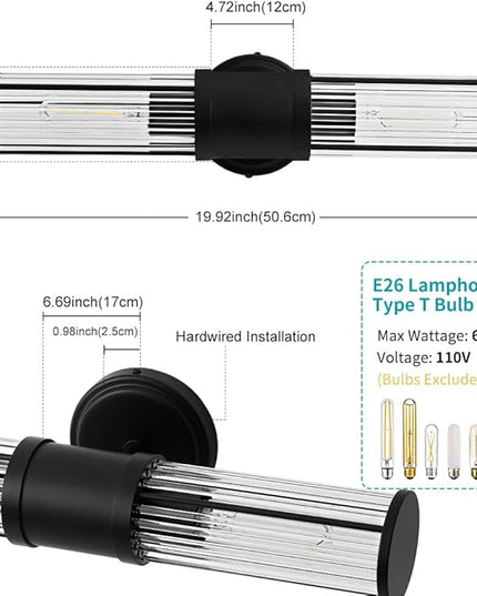 Black Wall Sconce Bathroom Vanity Light Fixtures for Mirror, Modern Wall Light with Glass Rod Shade for Bathroom, Bedroom, Hallway, Living Room - Bulb Not Included