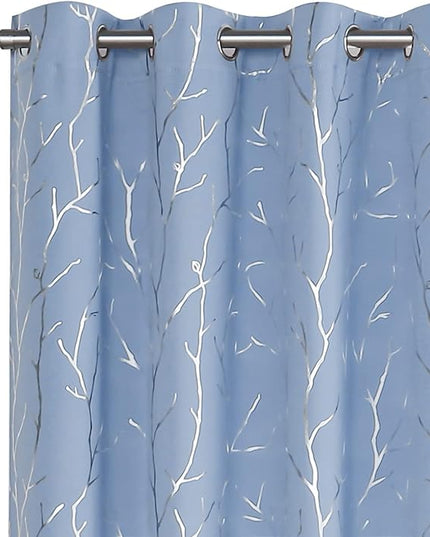 BUHUA Blackout Curtains 54 Inches Long, Branches Tree Print Pattern Room Darkening Curtain, Living Room Curtains & Drapes, Thermal Insulated Window Panel Set, 52 x 54 Inch, Baby Blue