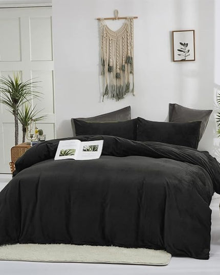 Houseri Black Velvet Comforter Set - King Size Bedding Sets with Fluffy Comforter, Fuzzy Men & Women All Black Flannel Bed Blanket, Soft Sherpa Comforter Sets
