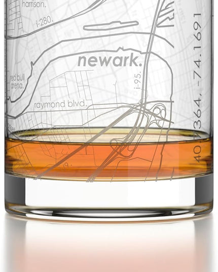 Well Told Engraved Newark New Jersey Map Rocks Glass, Old Fashioned Glassware (11 oz, Clear) Etched Bourbon Tumbler, Gifts For Whiskey Lovers