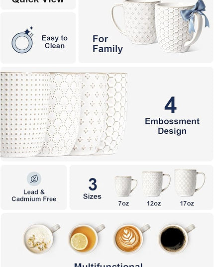 LE TAUCI Coffee Mugs 16 oz,Ceramic Mug Set, Embossment Cups for Latte, Hot Tea, Cappuccino, Mocha, Cocoa, Dishwasher Safe, Suit For Housewarming Wedding- 3.8 inch, Set of 4, Arctic White