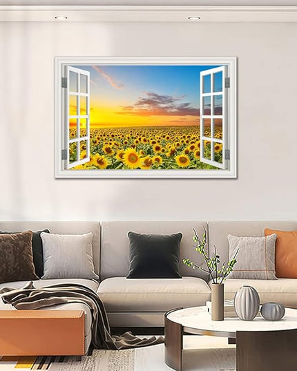 Sunflower Wall Art Decor for Living Room Window Style Sunset Canvas Picture for Bedroom Realism Yellow Flowers Filed Artwork for Bathroom Nature Landscape Prints Paintings for Kitchen Home Office