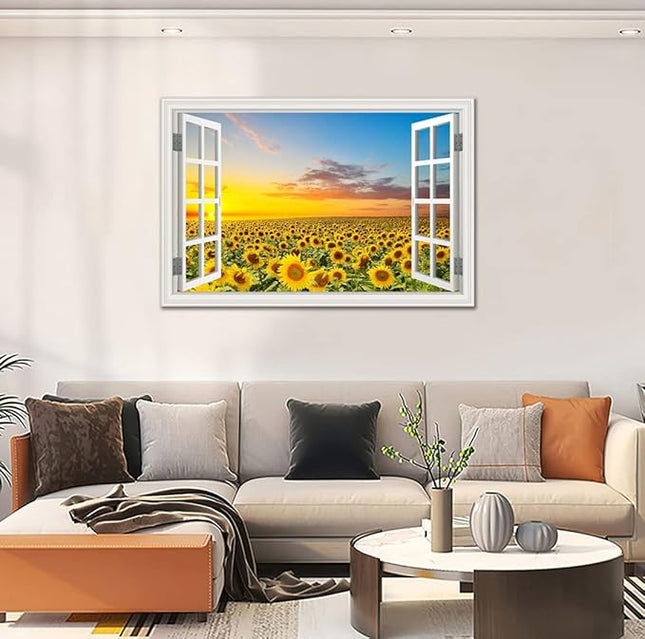Sunflower Wall Art Decor for Living Room Window Style Sunset Canvas Picture for Bedroom Realism Yellow Flowers Filed Artwork for Bathroom Nature Landscape Prints Paintings for Kitchen Home Office