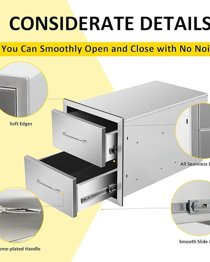 Outdoor Kitchen Drawers 14" W x 15" H x 23" D Flush Mount Double BBQ Drawers with Chrome Handle Stainless Steel Drawer for Outdoor Kitchen Island, Patio Grill Station