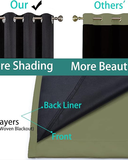Yakamok 100% Blackout Window Curtain Panels, Heat and Full Light Blocking Drapes with Black Liner for Nursery,Thermal Insulated Draperies (Sage, 2 Pieces, 62Wx63L)