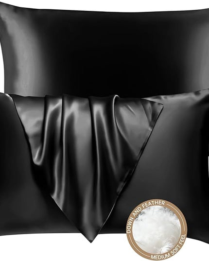 BHZ Black Satin Goose Down Feather Pillows King Size Set of 2 with Black Satin Pillowcase for Hair and Skin, Cooling Pillow Cases Similar to Silk Pillow Cases, Decor for Women, Mom