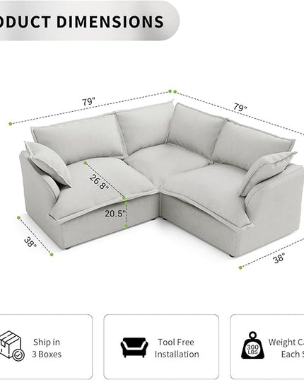 Cloud Sectional Sofa, V Shape Convertible Modular Couches, Down Fill Sectional Sofa,Detachable Couch Cushion Covers, 3 Seater Corner Sofa for Living Room,Grey