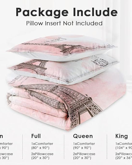 Twin Size Comforter Set with Pillowcase, Paris Eiffel Tower 2 Pcs Bedding for Kids and Adults, Beautiful Pink Place Soft Comforter Set for Bedroom Bed Decor