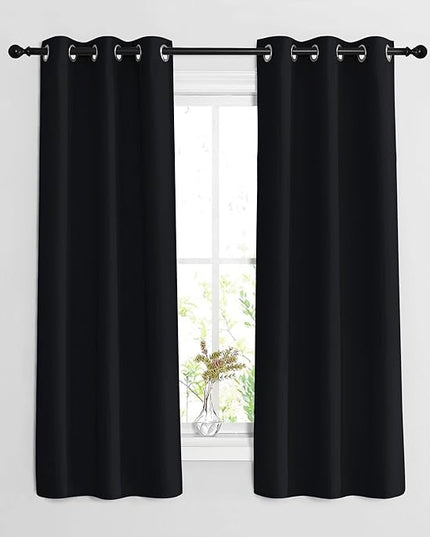 NICETOWN Black Curtains for Boys Room - Blackout Thermal Insulated Window Treatment Solid Grommet Room Darkening for Bedroom/Night Shift (Set of 2, W37 x L63)