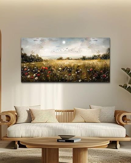 Wapluam Wall Decor For Living Room Canvas Wall Art For Bedroom Wildflower Field Vintage Wall Art Canvas Prints Paintings Farmhouse Artworks Pictures Modern Bathroom Aesthetic Home Wall Decor 40"X20"