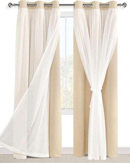 Hiasan Mix & Match Blackout Curtains with Sheer Overlay, Thermal Insulated Privacy Double Layer Room Darkening Window Curtains for Bedroom, Living Room, 2 Panels with Tiebacks, Beige, 42W X 84L