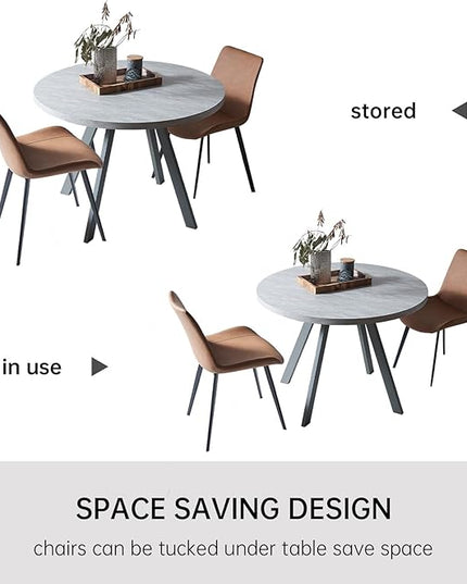 34.6'' Round Dining Table and Chairs for 2, Space Saving Modern Casual Coffee Table Set for Apartment Kitchen Dining Room (Grey Table+2 Brown Chairs)